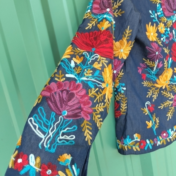 Women's Colorful Blue Floral Embroidered Jacket Size Small Embroidery Boho - Picture 9 of 11
